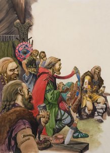 Alfred (849-899) naamioituneena minstraliksi kuningas Guthrumin leirissä (guassi paperille). tekijältä Peter Jackson