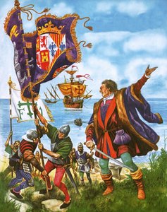 Christopher Columbus istuttaa Espanjan kuninkaallisen standardin äskettäin löydetylle Amerikan maalle tekijältä Peter Jackson