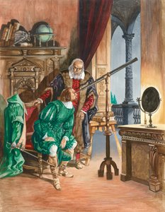 Galileo, joka on nyt sokea, antaa ystävänsä katsella tähtiä kaukoputkellaan työhuoneensa parvekkeelta Pisassa. tekijältä Peter Jackson