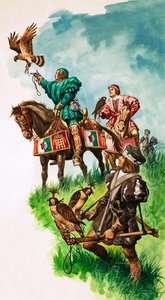 Kuningas Henrik VII vapautti haukkansa metsästäessään (guassi paperilla) tekijältä Peter Jackson
