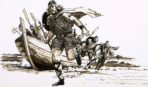 Kuningas Vortigern toi kaksi barbaaripäällikköä - Hengestin ja Horsan - Britanniaan (guassi paperilla) tekijältä Peter Jackson