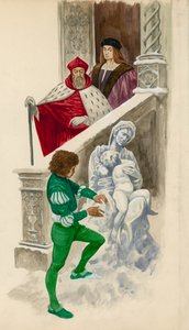 Michelangelo, poikana, veistämällä patsaan lumesta tekijältä Peter Jackson