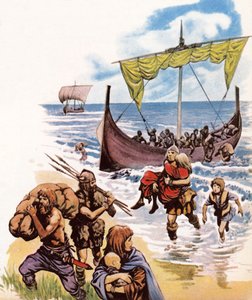 Saksit saapuvat Britanniaan pitkillä veneillä Saksasta tekijältä Peter Jackson