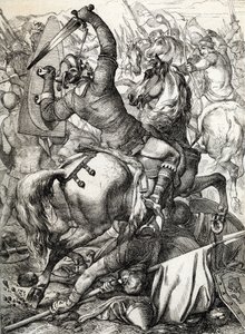 Hastingsin taistelu käytiin 14. lokakuuta 1066 Normandian herttua William II:n normannilais-ranskalaisen armeijan ja anglosaksisen kuninkaan Harold II:n johtaman englantilaisen armeijan välillä normannien valloituksen aikana Englannin valloituksen aikana. tekijältä Peter Johann Nepomuck Geiger