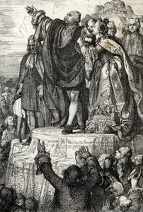 Ensimmäisen kansallisen liiton juhliminen 14. heinäkuuta 1790 isänmaan alttarilla Champs-de-Marsissa Bastillen valloituksen ensimmäisen vuosipäivän kunniaksi: kuningas Ludvig XVI perheensä ympäröimänä vannomassa valan constitut tekijältä Peter Johann Nepomuck Geiger