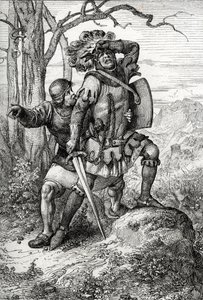 Itävallan herttua Leopold I, Habsburgien herra, pelastaa toverinsa Morgartenin taistelussa 15. marraskuuta 1315 Sveitsin liittovaltiota vastaan (Morgartenin taistelu 15. marraskuuta 1315, Leopold I, Itävallan herttua pelasti sotilaan tekijältä Peter Johann Nepomuck Geiger