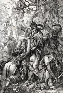 Keisari Kaarle (n. 742-814) sodassa sakseja vastaan, 772 (Keisari Kaarle Suuri (Charlemagne) saksien sotien aikana, 772) Höyhenpiirros Antonin "Historische Memorabilian des In-und Auslandesista" (Historiallisia matkamuistoja) tekijältä Peter Johann Nepomuck Geiger