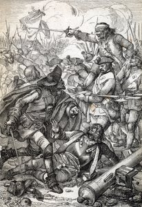 Suuri Pohjansota: "" Poltavan (tai Pultawan) taistelu Venäjän Pietari I:n armeijan ja Ruotsin Kaarle XII:n joukkojen välillä, 8.7.1709" (Suuri Pohjansota: Poltavan taistelu, 8. heinäkuuta 1709 ) Höyhenpiirros julkaisusta "" Historische Memorabilian des tekijältä Peter Johann Nepomuck Geiger