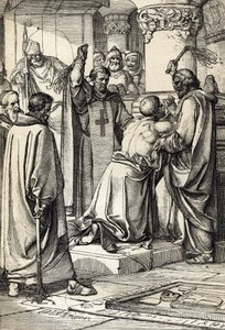 Englannin kuningas Henrik II (1133-1189) syyllistyy Thomas Becketin salamurhaan arkkipiispan haudalla.