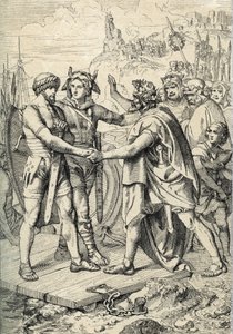 Hengestin ja Horsan maihinnousu, anglosaksisen legendan hahmot, jotka kertovat heistä germaanisina veljinä, jotka johtivat Angle-, Saxon- ja Jutish-armeijoita, jotka valloittivat Ison-Britannian ensimmäiset alueet 500-luvulla. Kynäpiirros Historische Memor tekijältä Peter Johann Nepomuck Geiger