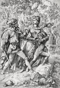Englannin kuningatar Margareta Anjou (1430-1482) ja hänen poikansa Edward, jotka ryöstö pelasti lennon aikana Yorkistien voiton jälkeen tekijältä Peter Johann Nepomuck Geiger