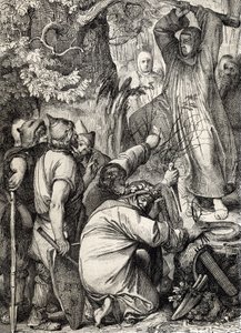 Mainzin pyhä Bonifatius (680-754), joka kaatoi Thorin tammen vakuuttaakseen druidille, että se ei ole pyhä puu (Pyhä Bonifacius (Bonifacius), joka tuhoaa Thorin tammen (Donar tai Joven tammi) germaanisten pakanoiden pyhän puun, muuntaaksesi