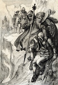 Roomalaisten kuningas Henrik IV ohittaa Cenis-vuoren solan ylittääkseen Alpit ja mennäkseen Toscanan kreivitär Mathilden luo Canossaan, missä paavi Gregoire VII, tammikuu 1077” (Henry IV ylitti Alpit Mont Cenis -solaa pitkin päästäkseen linnaan Canossa ja tekijältä Peter Johann Nepomuck Geiger