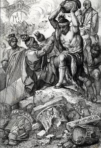 Rooman (Italia) pussi vuonna 410, otettiin kaupungista ja ryöstettiin Visigootit, joita johti Alaric (370-410) (Alarik I:n johtamien visigoottien ryöstö Rooman vuonna 410, keisari Honoriuksen aikana) Piirustus kynä, joka on piirretty kirjasta "Historische  tekijältä Peter Johann Nepomuck Geiger