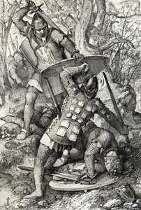 Ernest II:n kuolema Švaabilaisen (1010-1030) taistelussa Konstanzin iltaa vastaan Saksassa (Swaabian herttua Ernest II:n kuolema Konstanzissa, Saksassa tekijältä Peter Johann Nepomuck Geiger
