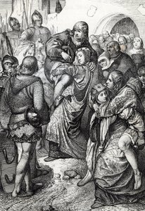 Weinsbergin uskolliset naiset (Treue Weiber von Weinsberg): Hohenstaufenin Conrad III:n Weinsbergin piirityksessä vuonna 1140 voittaneiden sotilaiden vaimot kantavat aviomiehiään selässään, Saksa (Uskolliset vaimot Weinsbergin piirityksen aikana