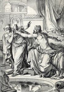 Gepidiprinsessa Rosemonde (kuoli 572) ja hänen rakastajansa, miehensä kuningas Alboinin murhaaja myrkyttivät itsensä samalla myrkkykupilla, 572 (gepidprinsessa Rosamund (tai Rosamunde) ja hänen rakastajansa tappavat itsensä samalla myrkkykupilla, 572) Piir tekijältä Peter Johann Nepomuck Geiger