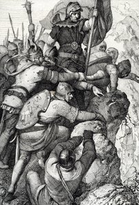 Bavieren Othon I:n (1117-1183) joukot Veronan lähellä Italiassa 1155 (Otto I, Baijerin herttua ja hänen armeijansa Veronan lähellä, Italia 1155) Höyhenpiirros kirjasta "Historische Memorabilian des In-und Auslandes" (Historialliset matkamuistot) Kirjailija tekijältä Peter Johann Nepomuck Geiger