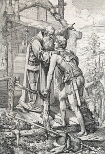 Nuori Odoacre (n. 433-493) saa Severinin siunauksen, Apotre de Norique, n. 470 (Odoacer tapaa Noricumin munkin Severinuksen, joka saa tietää, että hänestä tulisi jonain päivänä kuuluisa, noin 470) Piirrä kynä kirjasta "" Historische Memorabilian des tekijältä Peter Johann Nepomuck Geiger