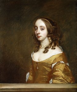 Popham-perheen naisen muotokuva, puolipitkä, kotelon takana, yllään oranssi mekko, tekijältä Peter Lely