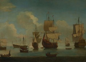 Englantilaisia sota-aluksia ankkurissa tyynessä säässä, purjeita kuivumassa, 1700-luvun alku (öljy kankaalle) tekijältä Peter Monamy