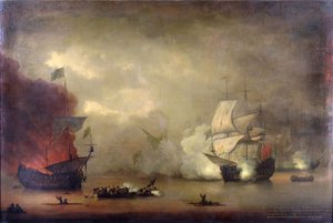 Kuninkaallisen laivaston HMS "Mary Rose" -aluksen ja seitsemän algerialaisen merirosvon välinen meritaistelu Tangerin (Marokko) rannikolla 8. joulukuuta. tekijältä Peter Monamy