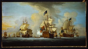 Englantilainen laivasto ankkurissa Admiralin laivan kanssa, joka merkitsi Valkoisen ja Sinisen lentueen vara- ja taka-amiraaleille tekijältä Peter Monamy
