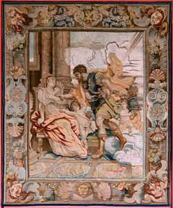 Flanderin kuvakudos. Sarja Konsuli Decius Musin historia. Mars ilmestyy Rhea Silvialle (Aparición de Marte a Rea Silvia). Sarjan kahdeksas kuvakudos. Malli P P Rubens. Valmistus Jan Raes II, Bryssel. Ca1620-1629. Kangas Kulta, hopea, silkki ja villa.