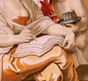Flanderin kuvakudos. Sarja Eukaristian voitto. Viisaus on Pyhän Hengen innoittama (La Sabiduría inspirada por el Espíritu Santo). Sarjan yhdeksästoista kuvakudos. Malli Peter Paul Rubens. 1626-1628. Valmistus Jacob II Geubels, Bryssel tekijältä Peter Paul (after) Rubens