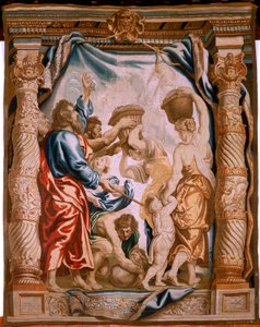 Flanderin kuvakudos. Mannan putoaminen erämaassa (La caída del maná en el desierto). Sarja Eukaristian voitto. Sarjan kolmas kuvakudos. Malli Peter Paul Rubens. 1626-1628. Valmistus Jan II Raes, Jacob II Geubels, Hans Vervoert, Ja tekijältä Peter Paul (after) Rubens