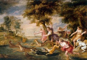 Diana ja nymfit metsästämässä metsäpeuraa, noin 1673 (öljy kankaalle). tekijältä Peter Paul (follower of) Rubens