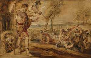 Cadmus, Minervan opastama, tarkkailee spartoi-taistelua tekijältä Peter Paul Rubens (after)