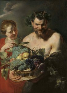 Peter Paul Rubensin satiiri, jolla on kori täynnä viinirypäleitä ja kvitteneitä ja nymfi, kuvaaja Peter Paul Rubens tekijältä Peter Paul Rubens