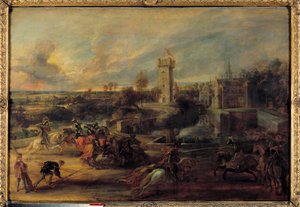 Turnaus lähellä Steenin linnan kuoppia (keskiaika). Pierre Paulin (Pierre-Paul) Rubensin (tai Peter Paulin tai Petrus Pauluksen) flaamilainen maalaus (1577-1640) tekijältä Peter Paul Rubens