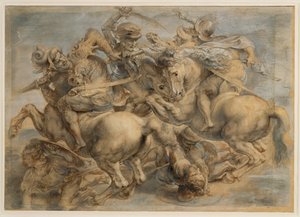 Anghiarin taistelu (ruskea muste, musta kivi, sivellin, kynä, korotettu guassilla ja lyijyvalkoisella). tekijältä Peter Paul Rubens