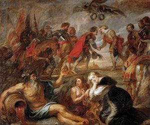 Unkarin kuninkaan Ferdinandin tapaaminen kardinaali Infante Ferdinandin kanssa ennen Nördlingenin taistelua. 1634/35 tekijältä Peter Paul Rubens