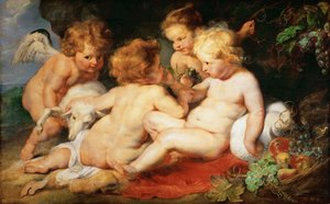Kristus ja Johannes Kastaja lapsena kahden enkelin kanssa - Pieter Paul Rubens (1577-1640). Öljy puulle, c. 1615-1620. Mitat: 76,5x122,3 cm. Taidehistoriallinen museo, Vienne tekijältä Peter Paul Rubens