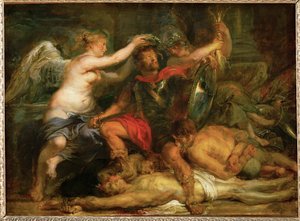 Voittajan kruunajaiset, n.1630 (maalaus tammipuulle). tekijältä Peter Paul Rubens