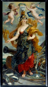 Cycle des Medicis: "" Portrait en pied de Marie de Medicis en Bellona (1573-1642) Ranskan kuningatar"" Pierre Paulin (Pierre-Paul) Rubensin maalaus (tai Peter Paul tai Peter Paul) (1577-1640) (ec) .flam.) 1621 Sun. 2,76x1,49 m tekijältä Peter Paul Rubens