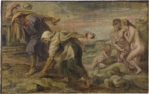 ""Deucalion and Pyrrha"" Peinture de Pieter Paul Rubens (1577-1640) vers 1636 - Öljy puulle Koko 26,4x41,7 cm Museo del Prado, Madrid tekijältä Peter Paul Rubens