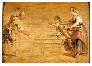 Keittiöneuvo, teurastaja ja poika pöydän ympärillä (öljy kankaalle) tekijältä Peter Paul Rubens
