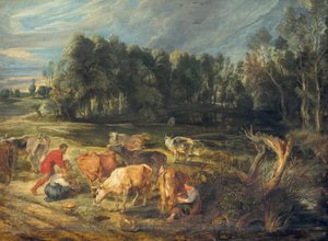 Maisema, jossa on lehmälauma tekijältä Peter Paul Rubens