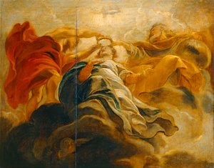 Neitsyt Marian kruunaaminen Isän Jumalan ja Jeesuksen Kristuksen toimesta (maalaus puulle) tekijältä Peter Paul Rubens