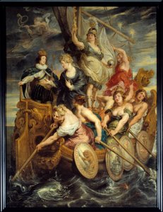 Ludvig XIII:n (1601-1643) enemmistö 20.10.1614 Allegoria kuninkaan nousemisesta valtaan edustaen voiman, uskonnon ja oikeuden ohjaamaa laivaa, joka etenee soutujien läpi kovassa meressä. Aluksella on Medicin kuningatar Maria, Ludvig XIII:n äiti. Kipu tekijältä Peter Paul Rubens