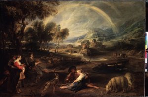 Maisema sateenkaaren kanssa. Peter Paul (Pierre-Paul) Rubensin (tai Peter Paulin tai Petrus Pauluksen) maalaus (1577-1640). Öljy kankaalle, 86 x 130 cm, alkuvuodesta 1630. Flanderin taide, barokkitaide. Eremitaaši, Pietari. tekijältä Peter Paul Rubens