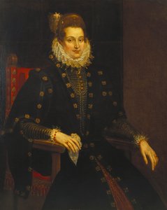 Muotokuva naisesta, joka istuu kolme neljäsosaa, mustassa mekossa, jossa on röyhelö tekijältä Peter Paul Rubens