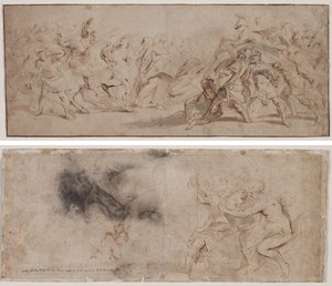 Roomalaisten ja sabiinien sovinto (recto) Venus Disarming Mars, Drapery Study (verso) tekijältä Peter Paul Rubens
