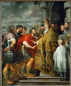 Pyhä Ambrosius ja keisari Theodosius, noin 1615 (maalaus kankaalle). tekijältä Peter Paul Rubens