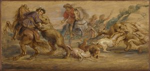 Tutkimus "Karhunmetsästys" (Alcázarille, Madrid), n. 1639 (öljy puulle) tekijältä Peter Paul Rubens