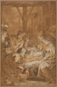 The Adoration of the Shepherds, n. 1613-1614 (kynä ja ruskea muste ruskealla pesuaineella ja valkoinen guassi) tekijältä Peter Paul Rubens